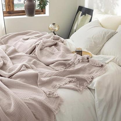 FOSSA Muslin Blanket with Fringe - 4-Layer 100% Cotton Gauze Super Soft & Breathable Throw -Lightweight Decorative Cooling Blanket for Bed, Sofa, Office (Greyish Pink, Throw XL (50" × 70"))