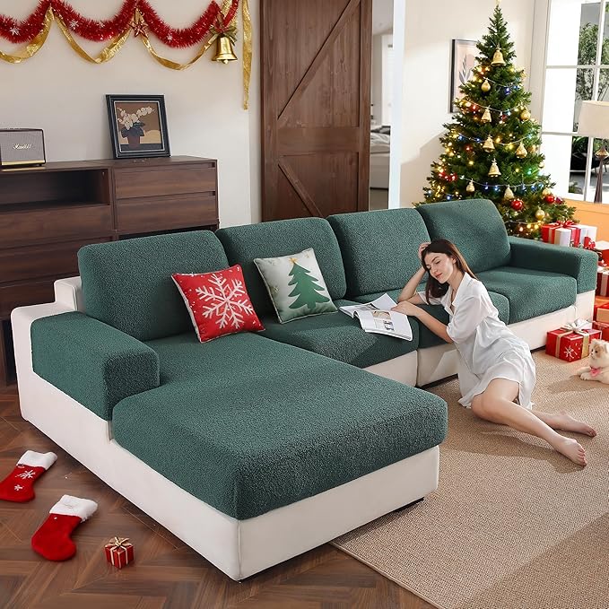 Couch Cushion Covers for Sectional Sofa, Stretch Soft Sofa Slipcovers Washable Wear-Resistant Universal Furniture Protector for Living Room(3 Seaters Covers+1 Chaise Cover, Green)