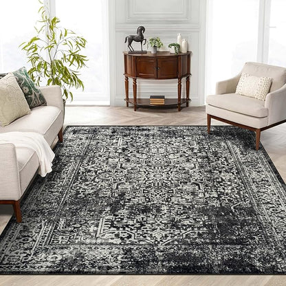 vivorug 6x9 Area Rugs, Stain Resistant Washable Rug for Living Room, Vintage-Inspired Black and White Rug