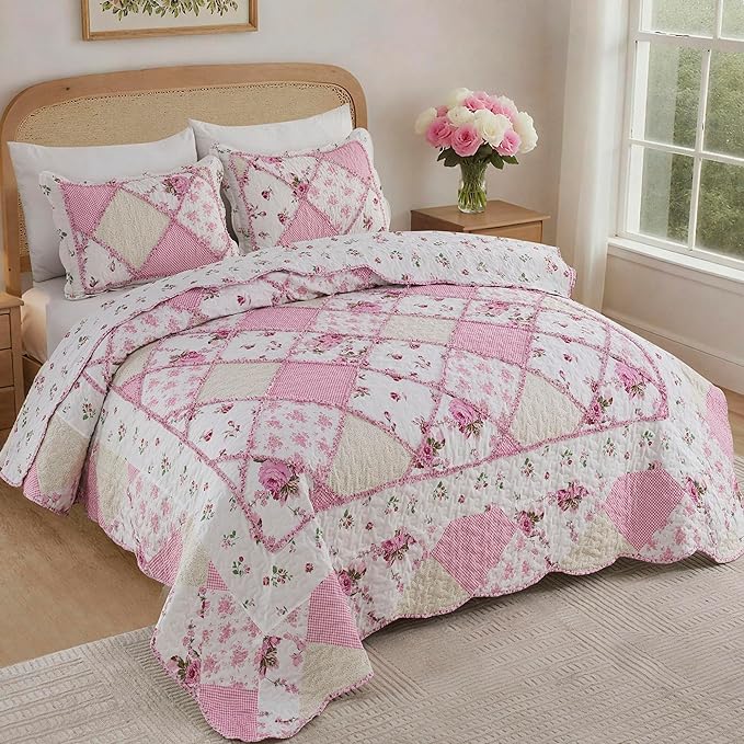 VIVILINEN Pink Patchwork Quilt Set Queen Size Reversible Quilted Bedspread Coverlet Set 3-Piece Floral Lightweight Comforter Stitched Bedding Set Bed Sheet Set Cover Blanket with 2 Pillow Shams