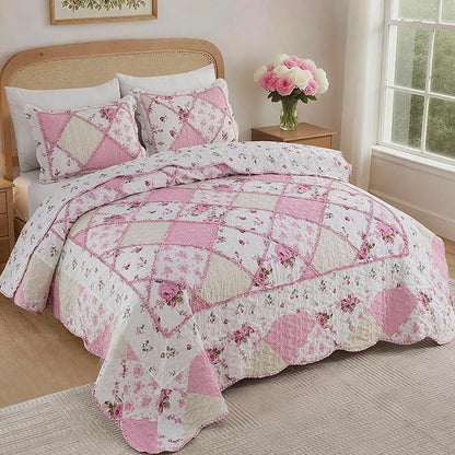 Oversized King Size Pink Floral Plaid Patchwork Quilt Set 128x120 Extra Wide Super King Size Reversible Quilted Bedspread Coverlet Set 3-Piece Comforter Bedding Set Bed Cover with 2 Pillow Shams