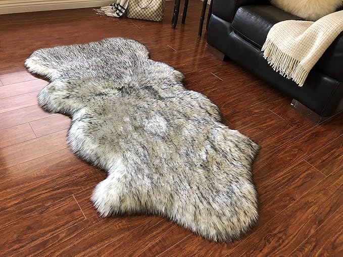 Free Shape Luxury Soft Fluffy Shag Area Rug Single and a Half 2'x4', 60x120cm - Vegan Fur Ultra Soft Indoor Carpet Nursery Rugs for Bedroom Home Decor, White with Black Tips