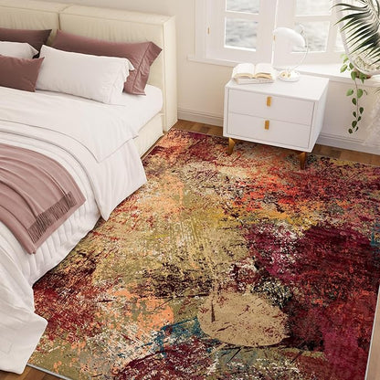 Arbosofe Modern Abstract Rug for Living Room, 5'x7' Washable Area Rug with Non-Slip Backing & Short Pile, Large Carpet with Abstract Pattern for Living Room Bedroom and Dining Floor Carpet Red Orange