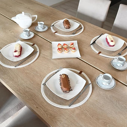 Round Placemats Set of 4, Handmade by Braided Natural Jute with White Cotton Cord, Dia. 12.6 Inch, Heat Resistant, Doublesided, Light Brown