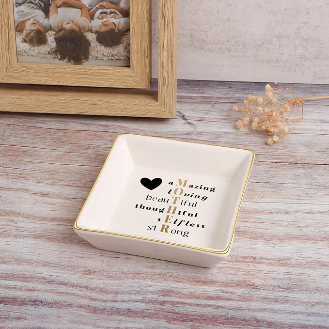 JoycuFF Gifts for Mom Christmas Ceramic Trinket Plate Tray Mother's Day Birthday Gifts for Best Mama from Daughter Son Ring Dish Jewelry