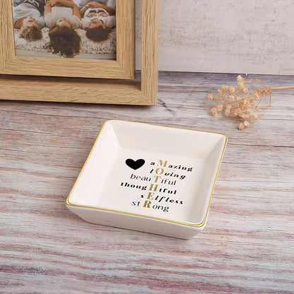 JoycuFF Gifts for Mom Christmas Ceramic Trinket Plate Tray Mother's Day Birthday Gifts for Best Mama from Daughter Son Ring Dish Jewelry