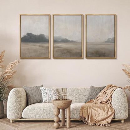 MUDECOR Framed Wall Art Print Set Serene MeadowTranquil Landscape with Foggy Fields and Distant Trees Illustrations Realism Decorative for Living Room, Bedroom, Office - 16"x24"x3 Natural