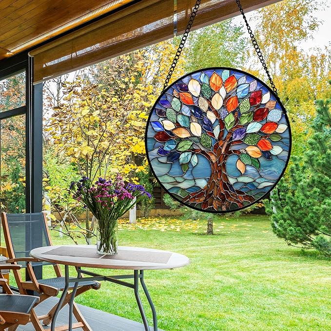 DASTOLL Stained Glass Window Hanging, Colorful Tree of Life Sun Catchers Glass Panel Blue Suncatcher Decor for Birthday for Women, Men, Wife, Aunt, and Mom 7.8 in