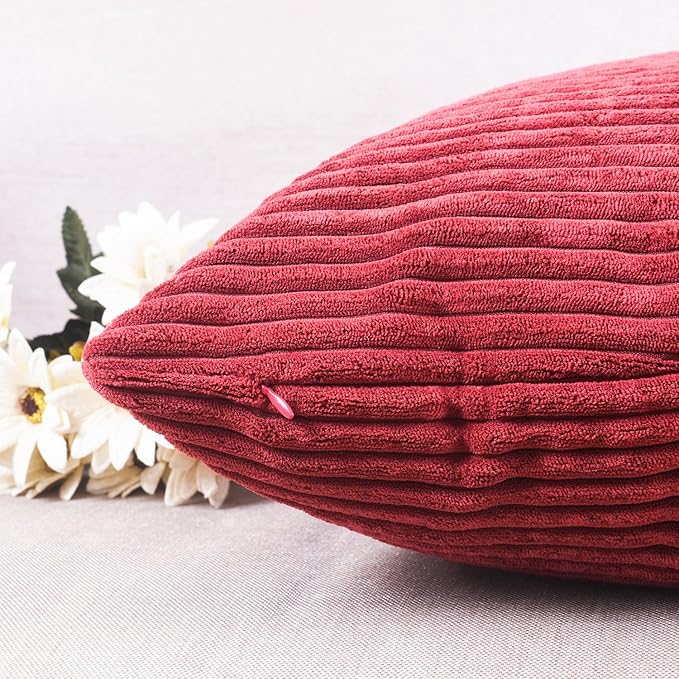 Home Brilliant Pillow Covers 18x18 Decorative Throw Pillows for Couch Dark Red Soft Plush Corduroy Striped Throw Pillow Covers Set of 2 for Sofa Couch Bed Valentine's Decor, 18 x 18 Inch, Burgundy