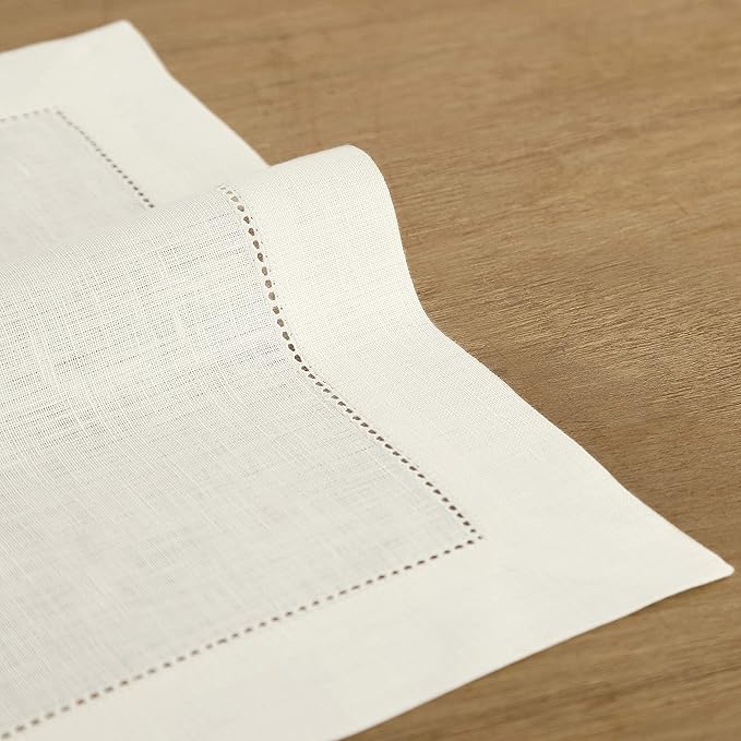 Solino Home Ivory Linen Napkins Set of 4-100% Pure Linen Hemstitch Dinner Napkins 20 x 20 Inch for Holiday, New Year - Classic Hemstitch