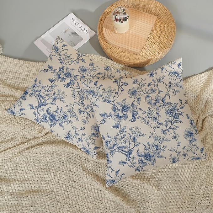 Blue Pillow Covers 16x16 Set of 2 Blue and Cream Floral Chinoiserie Throw Pillows Vintage Rustic Toile Flower Decorative Pillow Cases Outdoor Chinoiserie Decor Cushion Case for Couch Bed Sofa