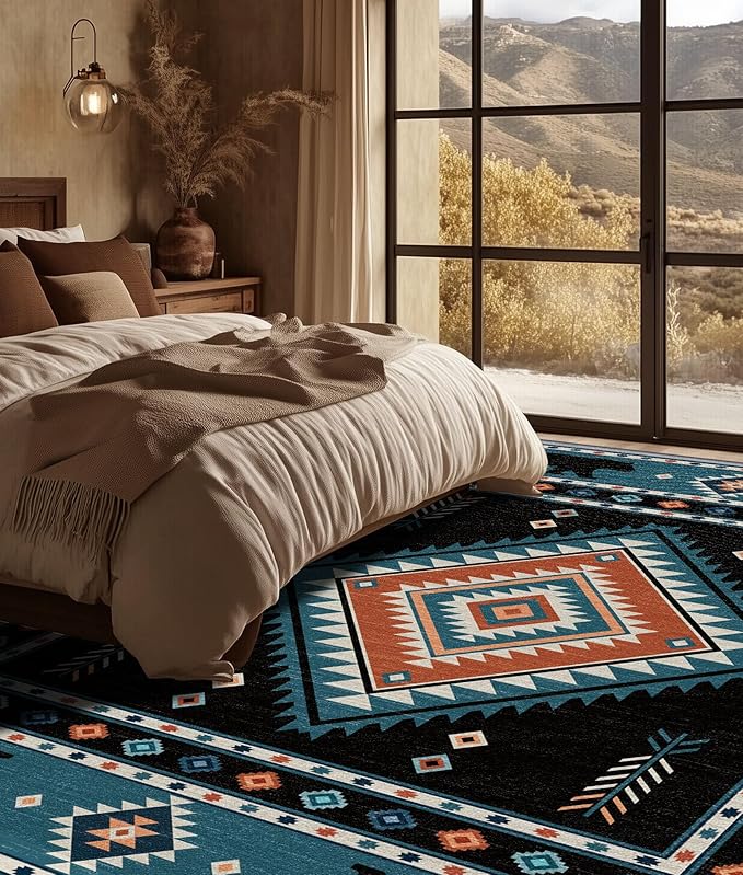 Native Amrican Rug 5x6 - Southwestern Bear Cabin Area Rugs for Bedroom Living Room, Rustic Bohemian Machine Washable | Non-Slip | Soft Carpets, Southwest Room Decor (Teal Orange Black)