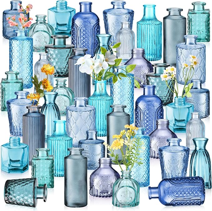 Yaomiao 60 Pcs Vases Bulk Colored Flower Glass Vases Bud Vintage Colored Glass Bottles Colorful Rustic Embossed for Home Wedding Table Decorations Gifts (Blue Series)