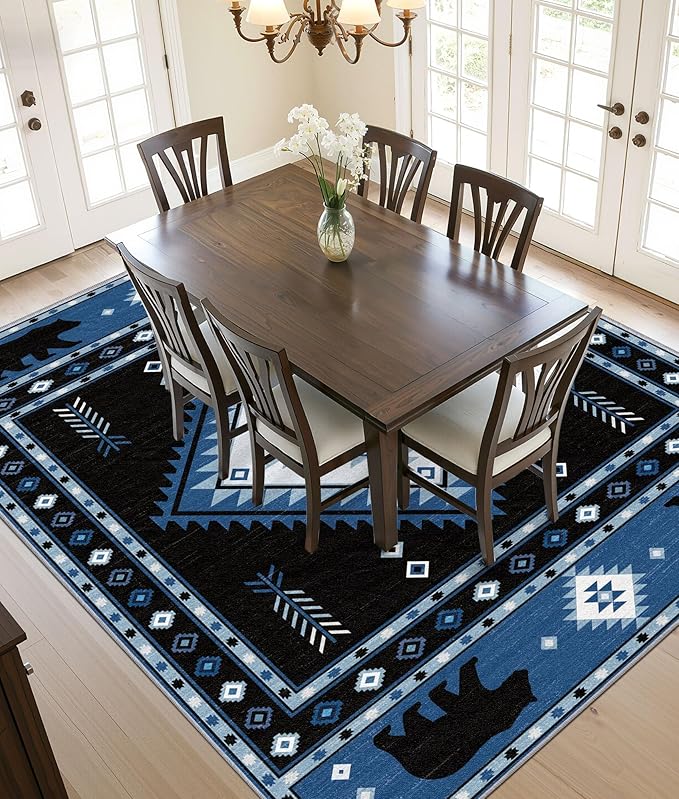 Aztec Rug 3x4 - Southwestern Bear Cabin Area Rugs for Bedroom Living Room, Rustic Navajo Machine Washable | Non-Slip | Soft Small Carpets, Native American Room Decor (Blue White Black)