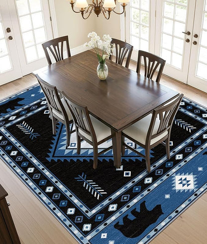 Aztec Rug 4x5 - Southwestern Bear Cabin Area Rugs for Bedroom Living Room, Rustic Western Machine Washable | Non-Slip | Soft Carpets, Native American Room Decor (Blue White Black)