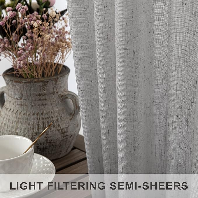 Grey Linen Curtains 63 Inch Length for Bedroom 2 Panels Back Tab Rod Pocket Semi Sheer Energy Efficient Light Gray Curtains for Living Room Kids Nursery Burlap Rustic Farmhouse Dove Silver 52x63 Long