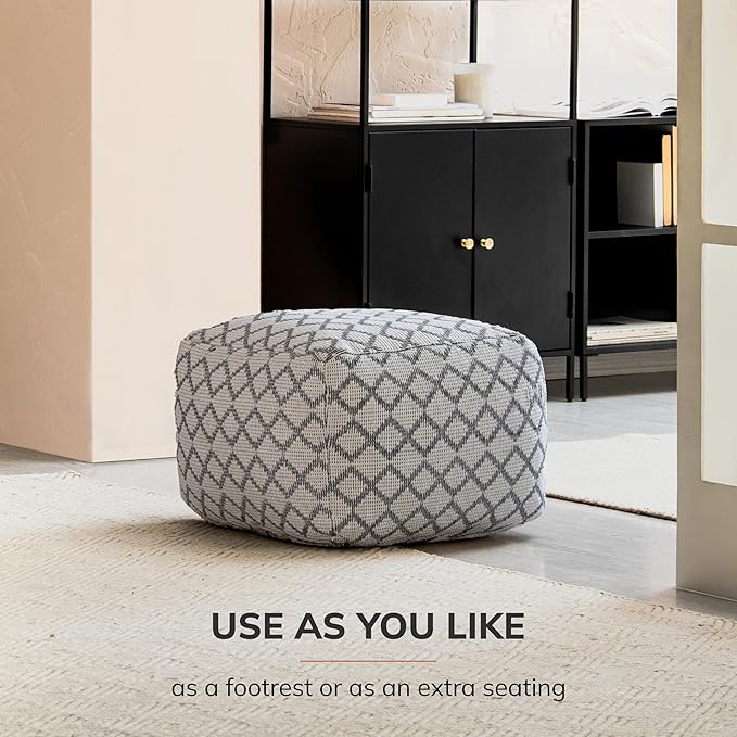 Anji Mountain 100% Handmade & Handcrafted Comfortable Home Décor Pouf Ottoman Footrest for Living Room, Bedroom, Nursery, Kidsroom, Patio Furniture - (22" x 22" x 16"- Gray,Ivory)