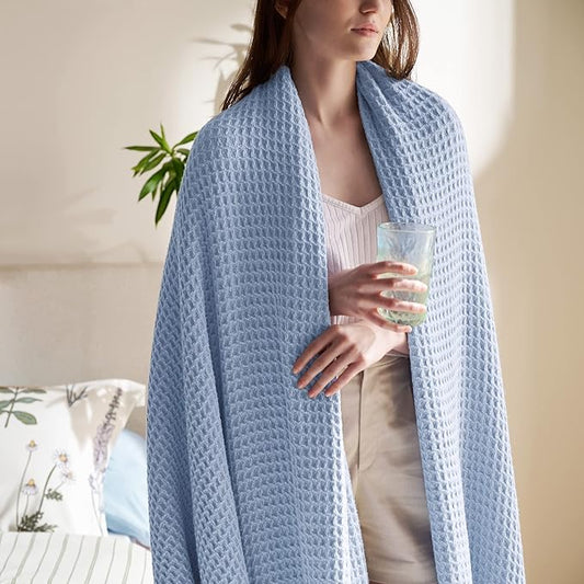 Bedsure Gentlesoft 100% Cotton Blanket Queen Size for Bed - Breathable and Soft, Thick Cozy Waffle Weave Christmas Blanket Gift for Women, Sky Blue, 90x90 Inches