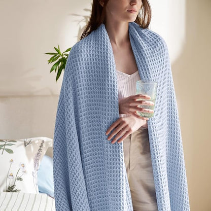 Bedsure Gentlesoft 100% Cotton Blanket King Size for Bed - Breathable and Soft, Thick Cozy Waffle Weave Christmas Blanket Gift for Women, Sky Blue, 104x90 inches