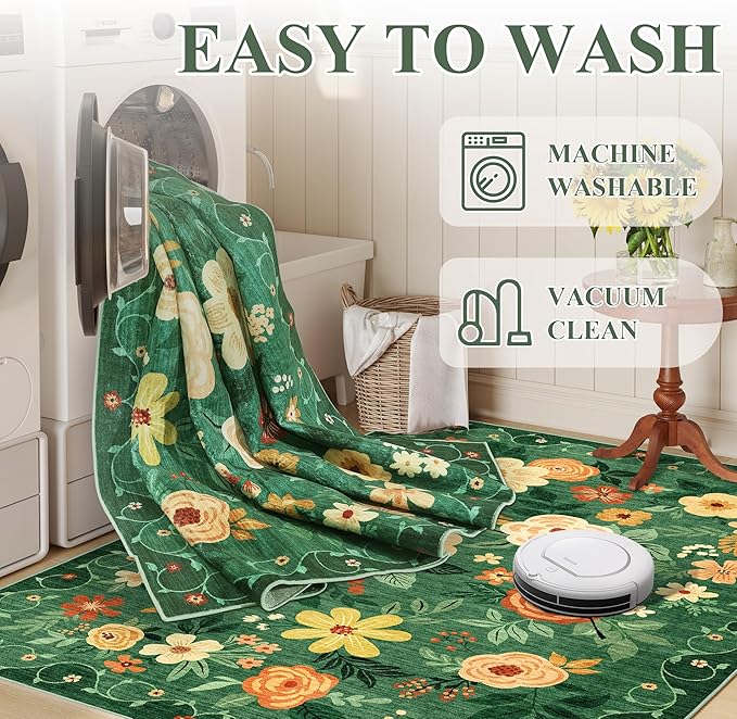 DUKINO 2x5 Runner Rug for Hallway, Washable Kitchen Floral Runner Rug with Non Slip Backing, Low Pile Soft Boho Carpet for Kitchen, Hallway, Entryway, Laundry, Bedroom, Dark Green