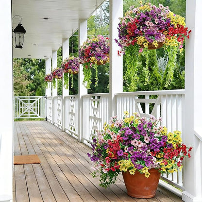 16 Bundles Artificial Flowers–UV Resistant Faux Mums for Garden, Patio, Porch & Home Décor, Realistic Fake Flowers for Weddings & Outdoor Planters (Pink, Yellow, Rose Red, Purple Mix)