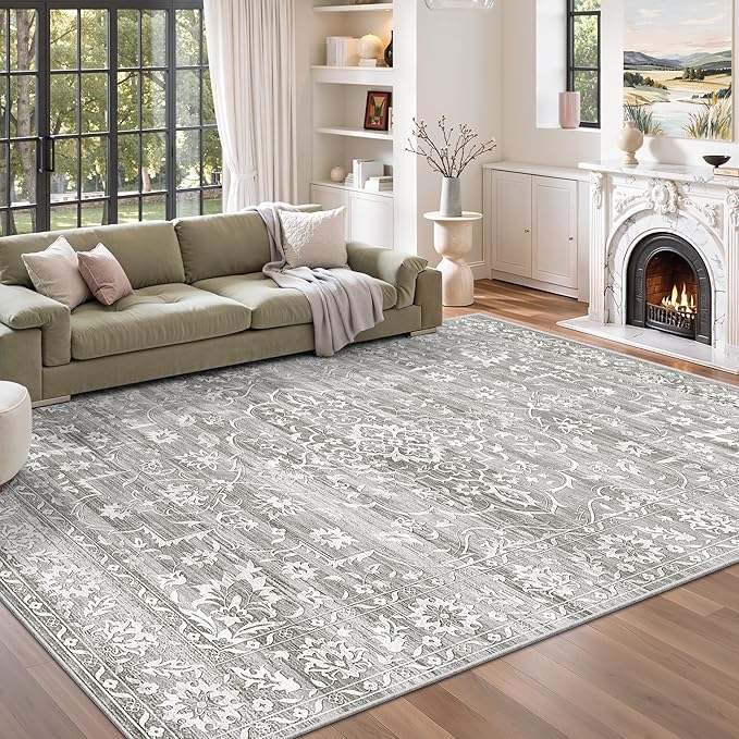 Area Rugs 5x7 for Living Room, Floral Washable Rugs for Dining Room, Bedroom, Vintage Non-Slip Gray Thin Area Rug(Grey, 5'x7')