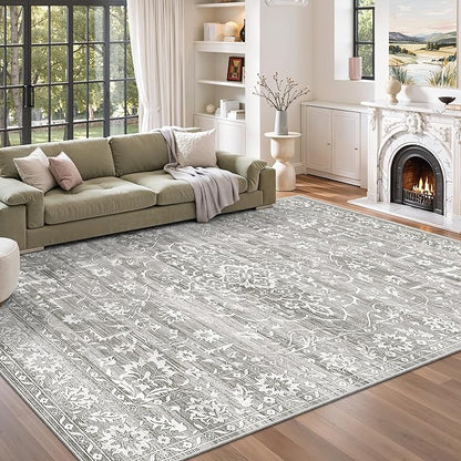Area Rugs 5x7 for Living Room, Floral Washable Rugs for Dining Room, Bedroom, Vintage Non-Slip Gray Thin Area Rug(Grey, 5'x7')