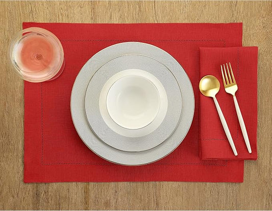 Solino Home Linen Cloth Placemats Set of 6-100% Pure Linen Hemstitch Red Placemats 14 x 19 Inch - Classic Hemstitch Table Place Mats for Valentines, Winter, New Year
