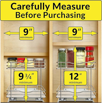 LYNK PROFESSIONAL® Pull Out Spice Rack Organizer for Inside Kitchen Cabinets - 8-3/8 inch Wide - Slide Out Drawer – Chrome Sliding Spice Cabinet Organization Shelf Racks - 2 Tier