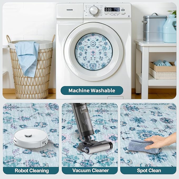 Tangsoo 3x5 Floral Area Rug Washable Non-Slip Low Pile Vintage Boho Distressed Carpet for Bedroom, Entryway, Kitchen, Office, Foyer Decor - Pet & Child Friendly (Light Blue)
