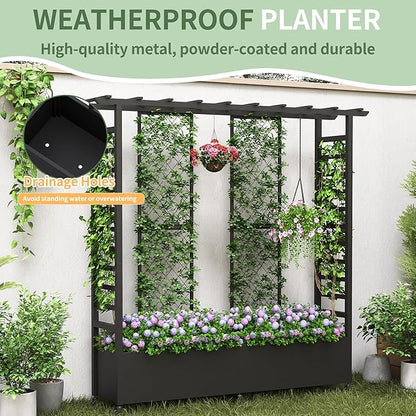 Raised Garden Bed with Trellis & Hanging Roof, Weatherproof Metal Planter Box with Wheels, Garden Arch Trellis for Outdoor Climbing Plants Vines Flowers, 74" H x 77" L x 17" W, Black