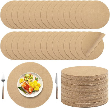 Kochorie 100 Pieces Burlap Placemats 15 Inch Round Reusable Brown Table Mats Natural Jute Fibers Placemats Bulk Circle Rustic Table Decorations for Dining Wedding Holiday Farmhouse Supplies