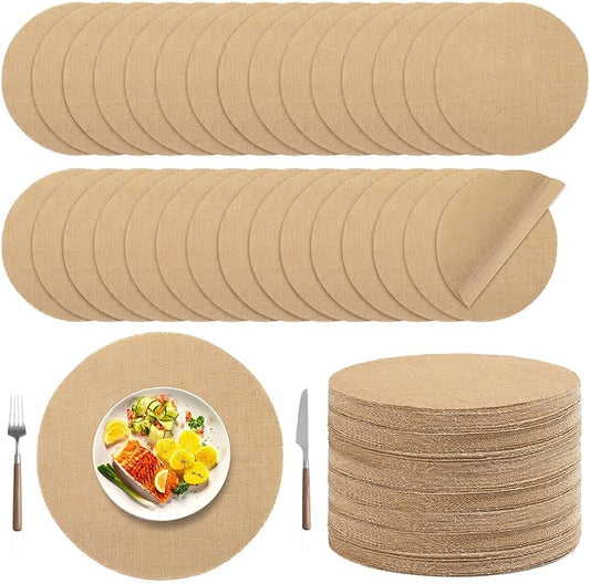 Kochorie 100 Pieces Burlap Placemats 15 Inch Round Reusable Brown Table Mats Natural Jute Fibers Placemats Bulk Circle Rustic Table Decorations for Dining Wedding Holiday Farmhouse Supplies