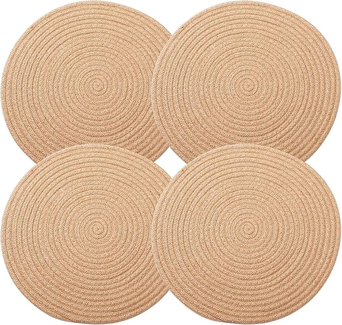 Jute Woven Placemats, Set of 4 Round Braided Tablemats Natural Jute Rope Large Plate Chargers Handmade Woven Placemats Heat Resistant Non-Slip Potholder for Dining Table (13.8 inch)