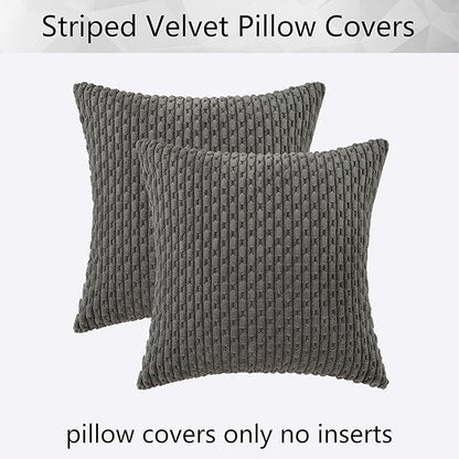 Kevin Textile Corduroy Striped Soft Soild Decorative Square Throw Pillow Covers Set Cushion Cases Pillowcases for Sofa Bedroom 2 Pcs 24x24 Inch Dark Grey