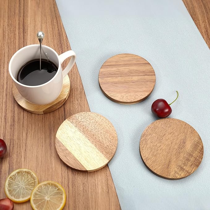 Yoption 6 Pcs Wood Coasters for Drinks with Bottle Opener and Holder, Acacia Wooden Cup Coaster with Non-Slip Pad for DIY Crafts, Coffee Table, Dining Table Home Christmas Decor, 4 Inches