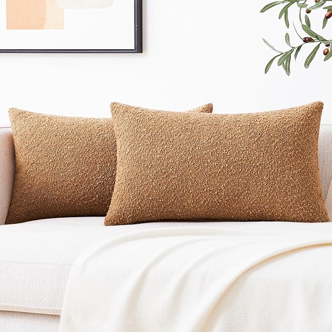 Mixhug Decorative Boucle Throw Pillow Covers, Tobacco Brown, 12 x 20 Inches, Pack of 2 - Textured Boho Pillow Covers for Couch and Bed