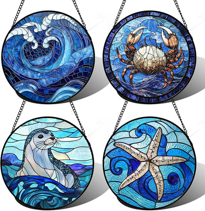 DASTOLL Stained Glass Window Hanging 4 Pcs Set Blue Ocean Waves Large 15" - Starfish Crab Seal Suncatcher Door Garden Sun Catcher Decor Birthday for Mom Woman Nana Men Friend