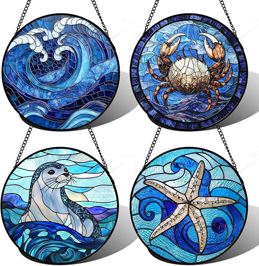 DASTOLL Stained Glass Window Hanging 4 Pcs Set Blue Ocean Waves 7.8" - Starfish Crab Seal Suncatcher Door Garden Sun Catcher Decor Birthday for Mom Woman Nana Men Friend