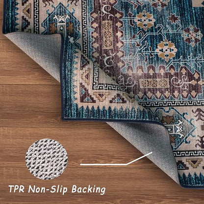vivorug 8x10 Area Rugs for Living Room, Non-Slip Backing Washable Rug 8x10, Blue Large Area Rug Soft Carpet for Bedroom Dining Room, Vintage, Easy Clean, Durable, Low Pile Rug Under Table