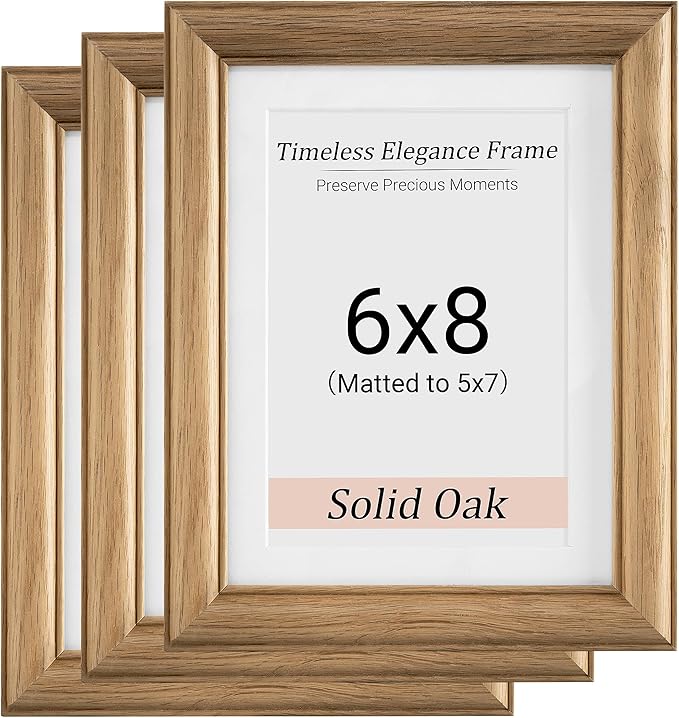 Heimlove 6x8 Picture Frame,6 x 8 Solid White Oak Photo Frame with Tempered Glass,6"x8" Handcrafted Wood Frame Matted to 5x7 Photos for Wall or Tabletop Family picture Display,3 Pack