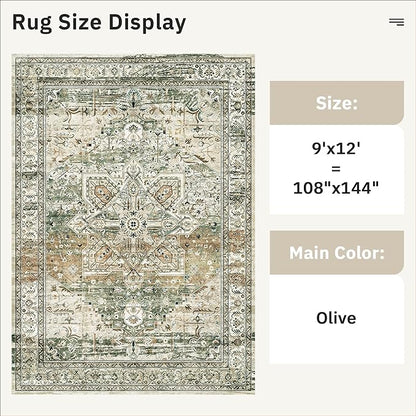 9x12 Area Rugs for Living Room, Non Slip Machine Washable Vintage Rugs, Low Pile Lightweight Large Rug for Bedroom, Dining Room, Home Office Olive