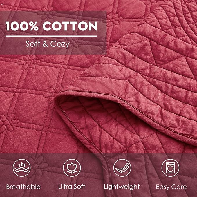 CHIXIN Oversized Cotton Bedspread King Size - Real Stitching - Luxury Quilted Bedding Cover for All Season, Reversible, Ultra Soft, Lightweight, 3 Piece, Burgundy