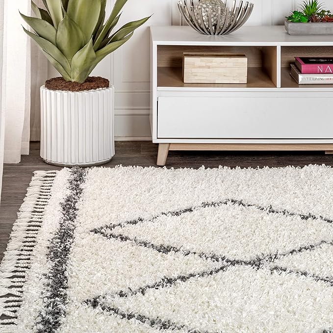 JONATHAN Y Mercer Shag Plush Tassel Cream/Gray Indoor Area Rug, 8x10, Moroccan Geometric Trellis, Bohemian, Easy-Cleaning for Living Room, Bedroom, Kitchen, Pet Friendly, Non-Shedding (MCR103B-8)