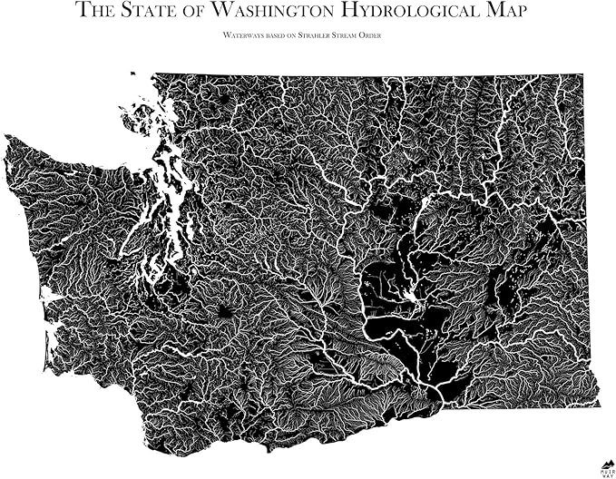 Muir Way Hydrological River Map of Washington - Watershed Topographic Wall Art for Home, Office, or Travel Decor - Unframed Flat Paper Print, 24x30