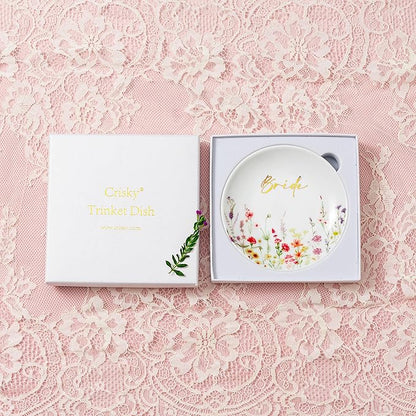 Crisky Bride Jewelry Ring Dish for Bridal Shower Wedding Gifts Engagement Gifts for Bride to Be Bachelorette Bridal Party, Fiance Gifts for Women Floral Trinket Tray