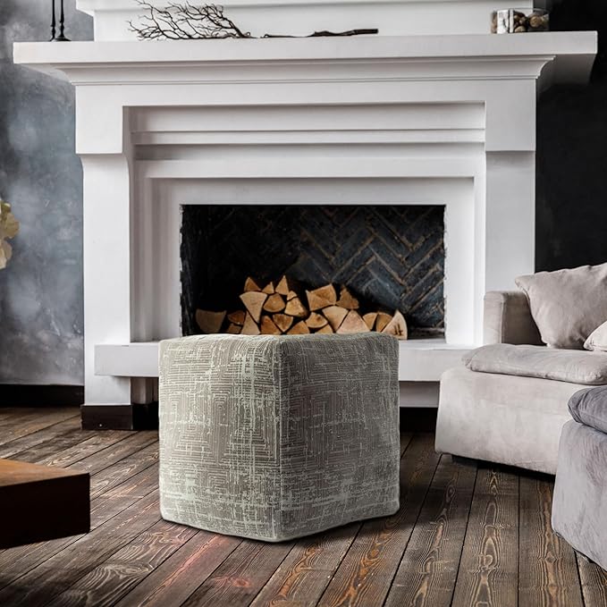 LR Home Transitional Distressed Geometric Gray/Ivory Polyester Blend Cube Pouf for Home Decor | Indoor Foot Rest for Living Room & Bedroom | 18 x 18 x 18 Stuffed Ottoman for Seating