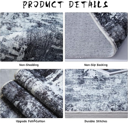 Rugcomf Runner Rug 2'6''x8' Hallway Washable Boho Soft Area Rug Abstract Pattern Non-Slip Faux Wool Vintage for Kitchen, Entryway, Laundry, Bedroom, Grey and Black