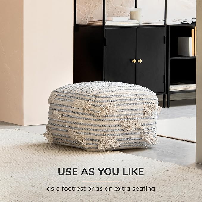 Anji Mountain 100% Handmade & Handcrafted Comfortable Home Décor Pouf Ottoman Footrest for Living Room, Bedroom, Nursery, Kidsroom, Patio Furniture - (22" x 22" x 16"- Gray,Beige)