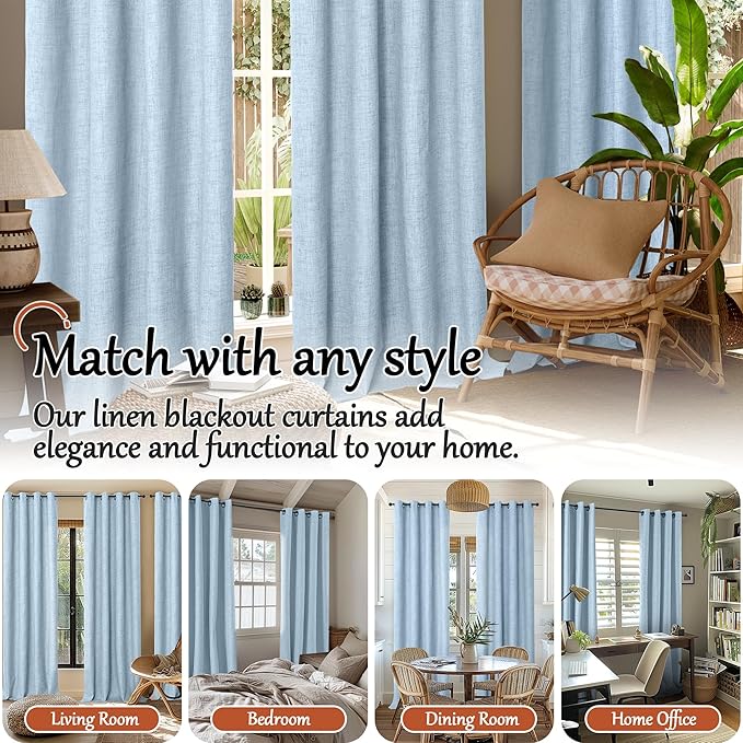 Lajode Baby Blue Linen Blackout Curtains for Nursery 45 Inch Length 2 Panels, Short Thermal Insulated Boho Total Black Out Noise Reducing Small Window Curtains for Kids Bedroom, Each 38 Inch Wide